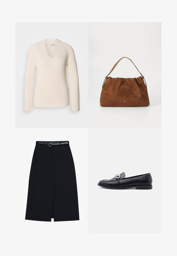 Pull en tricot couleur crème avec un col en V, des manches longues et une texture côtelée, offrant une coupe décontractée sans motif ni accents visibles.; Jupe noire à mi-cuisse avec une fente frontale, fabriquée en tissu lisse. Comprend une fine ceinture noire avec une boucle en argent et des passants.; Mocassin en cuir noir avec talon bas et détail de chaîne dorée sur le dessus, vu de côté sur un fond uni clair.; Sac à main en daim marron avec un design plissé, arborant une seule sangle en cuir beige et un discret logo doré à l'avant.