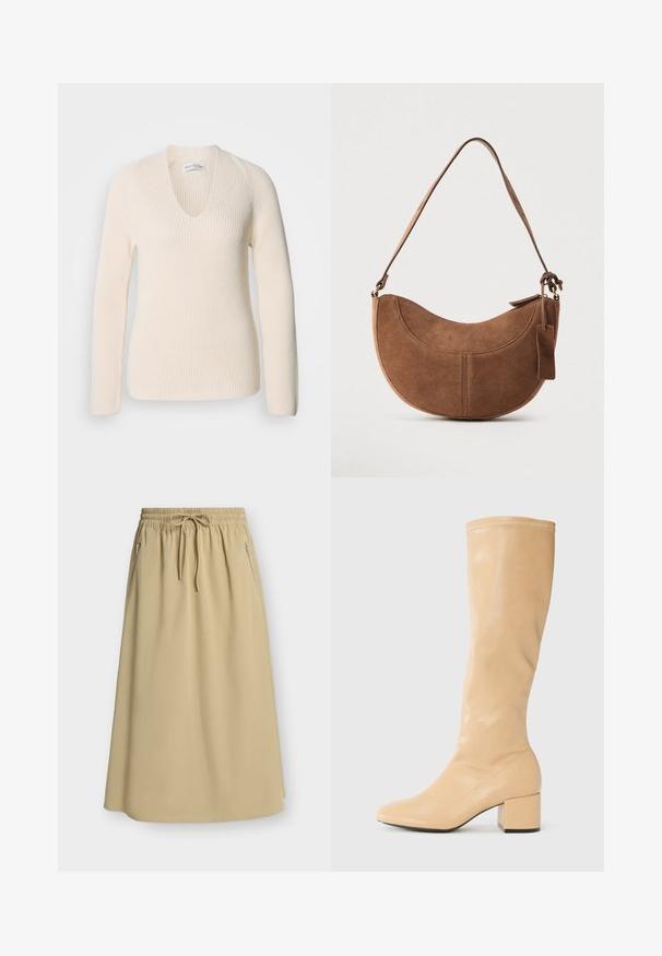 Crème-kleurige gebreide trui met een V-hals, lange mouwen en ribbelstructuur, met een ontspannen pasvorm en zonder zichtbare patronen of accenten.; Beige knielange rok met elastische tailleband, trekkoord en ritssluitingen aan de zijkanten op een effen achtergrond.; Anna Field by Zalando Laarzen - beige; Bruine suède handtas met een gebogen, halve maanvorm. Voorzien van een schouderriem, een klein label en zichtbare stiksels langs de randen.