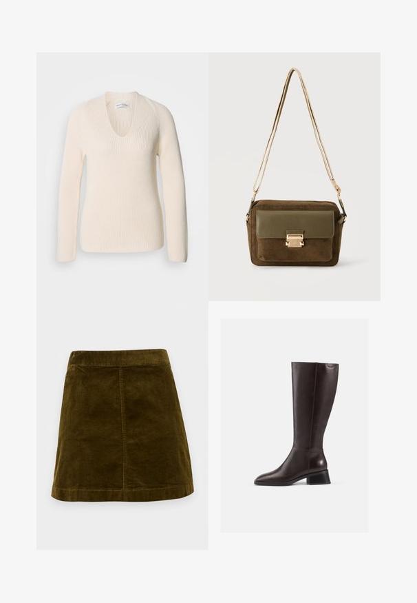 Cremefarvet strikket sweater med V-udskæring, lange ærmer og ribbet struktur, der har en afslappet pasform og ingen synlige mønstre eller accenter.; Brun kordfløjl mini skirt med lodrette ribber, lige snit og en ren kant. Har en simpel talje uden udsmykninger.; Brune læderstøvler til knæene med en glat overflade, rund tå og en stablet sort hæl. Simpelt design med minimale hardwaredetaljer.; Brun ruskind crossbody taske med olivengrøn læderklap og lås i guldtoner, med en tynd justerbar skulderrem.