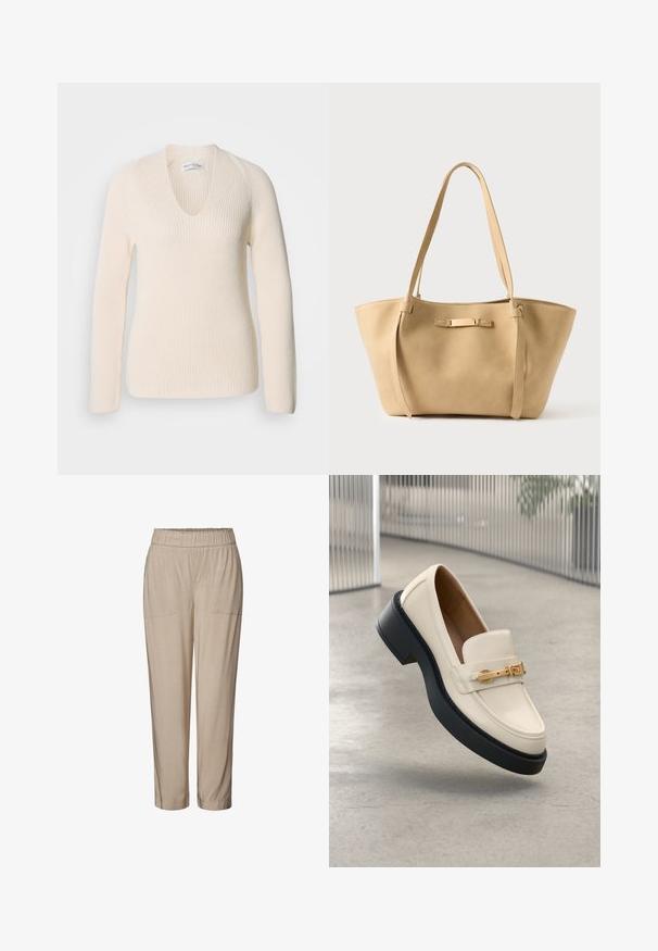 Jersey de punto color crema con escote en V, mangas largas y textura acanalada, que presenta un corte holgado y sin patrones ni acentos visibles.; Pantalones beige con cintura elástica, dos bolsillos frontales, diseño de pierna entallada y textura suave. Adecuados para un uso casual o relajado.; Mocasín color crema con suela negra y detalle de hebilla dorada, colocado en ángulo hacia arriba sobre un fondo de suelo de concreto gris claro.; Bolso tote de cuero beige con dos asas largas, textura suave y un sutil detalle metálico en el frente. Diseño con abertura superior, interior espacioso.