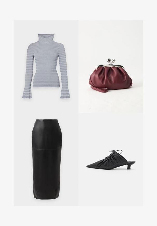 Lys grå og hvid stribet ribstrikket turtleneck sweater med lange ærmer og subtile flared manchetter mod en hvid baggrund.; Sort læder midi-nederdel med en tætsiddende silhuet, glat tekstur, høj talje og diskret lynlås lukning i siden. Ingen mønstre eller accenter.; Sorte læder slip-on mules med spids tå, samlet tekstur og en lille kitten heel. Har en snor-detalje ved åbningen.; Lille bordeauxlæder clutch-pung med sølv metal lukning og håndledsrem på hvid baggrund.