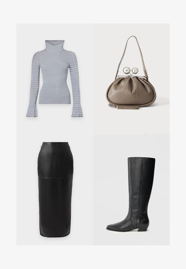 Pull à col roulé côtelé rayé gris clair et blanc avec des manches longues et des poignets légèrement évasés sur fond blanc.; Jupe midi en cuir noir avec une silhouette ajustée, texture lisse, taille haute et fermeture éclair discrète sur le côté. Aucun motif ni accent.; Bottes en cuir noires montant jusqu'aux genoux, avec bout pointu et talon bas carré, présentant une texture lisse et un design épuré et élégant.; Sac à main en cuir gris de forme arrondie, fermeture supérieure avec deux grandes sphères argentées, et une seule anse.