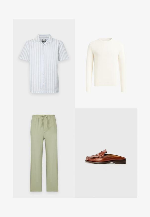 Pull en tricot crème, à manches longues, avec un col rond et un motif texturé subtil, présenté de face sur un fond blanc.; Chemise à manches courtes à boutons, en rayures verticales bleu clair et blanches. Fabriquée en tissu léger avec un col de type camp et cinq boutons.; Pantalons en vert olive clair, fabriqués en tissu doux. Dotés d'une taille élastique avec cordon de serrage et de jambes droites à coupe ample.; Hereu MARTI - Mules - tan