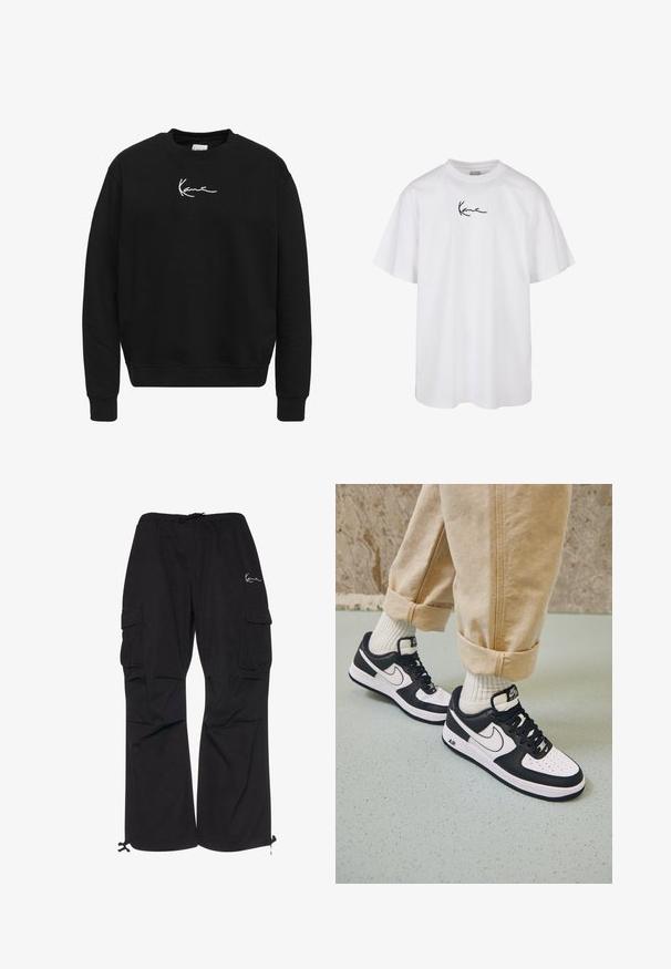 Sudadera negra de algodón con cuello redondo. Presenta un logo bordado en blanco en el pecho y puños y dobladillo acanalados.; Camiseta de algodón blanca con escote redondo y mangas cortas, con un logotipo bordado en negro centrado en el pecho.; Pantalones cargo negros de tejido ligero, con cintura elástica y cordón, bolsillos laterales y puños ajustables.; Zapatillas Nike Air Force 1 en blanco y negro con parte superior de cuero, puntera perforada y detalle de suela texturizada, combinadas con pantalones beiges remangados y calcetines blancos.