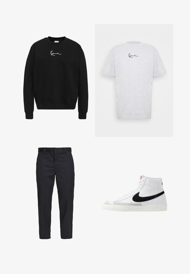 Zwarte sweatshirt van katoen met een ronde hals. Heeft een wit geborduurd logo op de borst en ribgebreide manchetten en onderrand.; Grijze t-shirt met korte mouwen van katoen. Heeft een ronde hals en een zwart logo in handgeschreven stijl op de voorkant. Zachte textuur.; Zwarte chino's van lichtgewoven katoen, met een rechte pijp, zijzakken en een knoopsluiting bij de taille.; Witte hoge sneakers met een zwarte swoosh, textuur grijze neus en een vlakke witte zool. Kenmerkt zes veteropeningen en gestikte accenten.