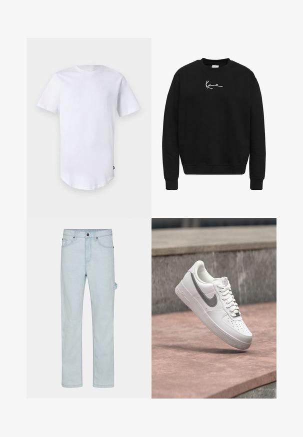 Sweatshirt noir en coton avec col rond. Présente un logo blanc brodé sur la poitrine et des poignets et un ourlet côtelés.; T-shirt blanc à manches courtes en coton. Design à col rond avec un ourlet arrondi. Étiquette visible sur le côté inférieur gauche. Texture lisse.; Jeans en denim bleu clair, coupe droite, dotés d'une fermeture à bouton, de cinq poches et d'un détail de boucle sur le côté pour plus de fonctionnalité.; Baskets blanches Nike Air Force 1 avec logo swoosh gris flottant au-dessus d'une surface en pierre et un mur en pierre gris en arrière-plan.