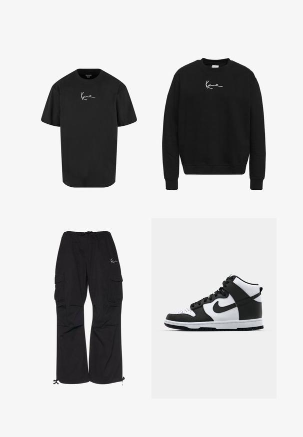 Schwarzes Sweatshirt aus Baumwolle mit Rundhalsausschnitt. Verfügt über ein weißes gesticktes Logo auf der Brust sowie gerippte Bündchen und Saum.; Schwarzes Baumwoll-T-Shirt mit kurzen Ärmeln, Rundhalsausschnitt und einem weißen Signaturlogo, das auf der Vorderseite gedruckt ist. Glatte Textur und lässige Passform.; Schwarze Cargo-Hosen aus leichtem Material, mit elastischem Bund und Kordelzug, seitlichen Taschen und verstellbaren Bündchen.; Schwarz-weißer High-Top-Sneaker mit Lederobermaterial, perforiertem Zehenbereich, auffälligem Swoosh-Logo und strukturiertem Gummisohle.