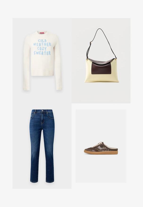 Krémový sveter s rebrovanými manžetami a lemom, na ktorom je modrý text: "COLD WEATHER COZY SWEATER." Jemná textúra, okrúhly výstrih.; Džínsy z denimu v tmavomodrej farbe, s rovnými nohavicami, dizajnom s piatimi vreckami a kovovým uzáverom na prednej strane. Hladká textúra, bez viditeľných vzorov.; Hnedý tkaný kožený slip-on teniska s bielymi šnúrkami a svetlohnedou gumovou podrážkou, zobrazená z profilu na jednoduchom svetlom pozadí.; Krémová a tmavohnedá kožená kabelka cez rameno s oblým prepážkou a nastaviteľným čiernym popruhom na bielom pozadí.