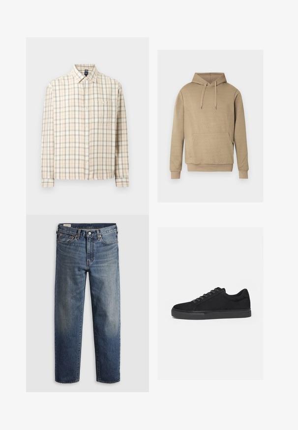 Sweat à capuche beige avec texture matelassée en losanges, poche kangourou frontale, capuche à cordon de serrage, et poignets et ourlet côtelés.; Chemise à manches longues en plaid beige avec fermeture à boutons sur le devant, une poche poitrine unique et un col classique, présentée sur un fond uni.; Jean en denim bleu foncé avec une coupe décontractée, jambes droites, design à cinq poches et légère décoloration au niveau des cuisses. Bouton et rivets argentés.; Baskets basses noires avec fermeture à lacets à l'avant et semelle en caoutchouc plate, vues de profil sur fond blanc.