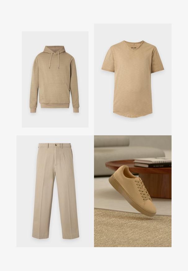 Sweat à capuche beige avec texture matelassée en losanges, poche kangourou frontale, capuche à cordon de serrage, et poignets et ourlet côtelés.; T-shirt beige homme à manches courtes et col en V, coupe slim et texture subtile, présenté à plat sur fond blanc.; Pantalon beige à jambes droites avec passants pour ceinture, fermeture par bouton et poches avant, présenté sur un fond blanc uni.; Baskets beiges à lacets flottant au-dessus d'un tapis texturé avec une table basse en bois et des livres empilés en arrière-plan flou.