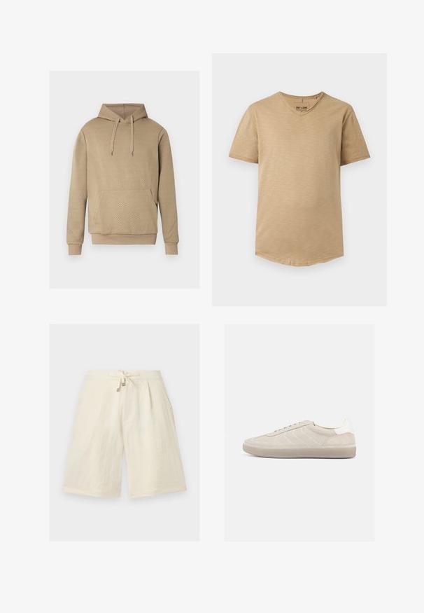 Sweat à capuche beige avec texture matelassée en losanges, poche kangourou frontale, capuche à cordon de serrage, et poignets et ourlet côtelés.; T-shirt beige homme à manches courtes et col en V, coupe slim et texture subtile, présenté à plat sur fond blanc.; Shorts crème arrivant aux genoux avec une taille à cordon de serrage et une coupe ample, confectionnés dans un tissu léger.; Baskets en daim beige avec une tige texturée, un contrefort de talon blanc lisse, de fines lacets et une semelle extérieure en caoutchouc. Présente un design bas profil.