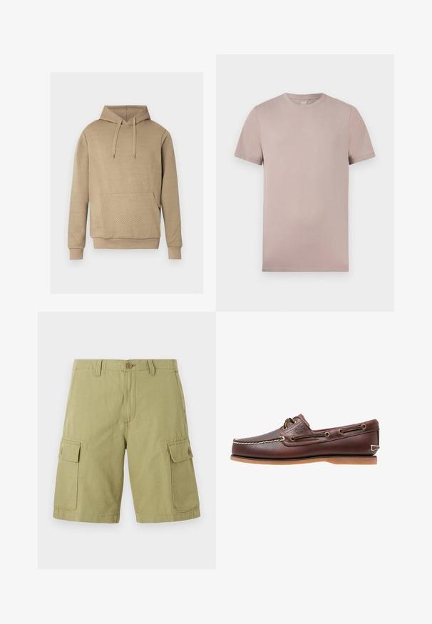 Sweat à capuche beige avec texture matelassée en losanges, poche kangourou frontale, capuche à cordon de serrage, et poignets et ourlet côtelés.; T-shirt beige clair à manches courtes et col rond, avec une texture douce et des coutures visibles aux manches et à l'ourlet.; Shorts cargo kaki clair avec fermeture par bouton, passants pour ceinture et deux grandes poches à rabat à bouton sur chaque cuisse.; Chaussure bateau en cuir marron avec coutures blanches, détails de lacets et semelle en caoutchouc beige, vue de côté sur fond blanc.