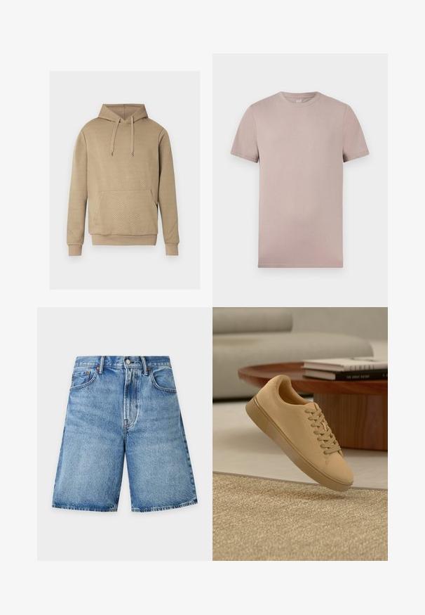 Sweat à capuche beige avec texture matelassée en losanges, poche kangourou frontale, capuche à cordon de serrage, et poignets et ourlet côtelés.; T-shirt beige clair à manches courtes et col rond, avec une texture douce et des coutures visibles aux manches et à l'ourlet.; Short en denim bleu avec poches avant, passants de ceinture, fermeture par bouton et détails délavés sur fond clair uni.; Baskets beiges à lacets flottant au-dessus d'un tapis texturé avec une table basse en bois et des livres empilés en arrière-plan flou.