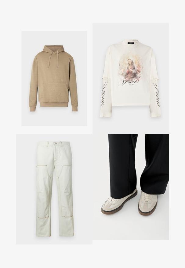 Sweat à capuche beige avec texture matelassée en losanges, poche kangourou frontale, capuche à cordon de serrage, et poignets et ourlet côtelés.; Chemise blanche à manches longues avec manches superposées, présentant une illustration d'une femme en prière et le texte "Favela" sur le devant et la manche.; Pantalons cargo beige clair en coton, dotés de plusieurs poches, de coutures contrastantes et d'une coupe droite. Texture de tissu durable.; Pieds portant des baskets beige avec des semelles marron et un pantalon noir à jambes larges sur fond blanc.