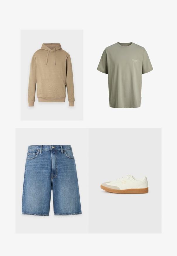 Sweat à capuche beige avec texture matelassée en losanges, poche kangourou frontale, capuche à cordon de serrage, et poignets et ourlet côtelés.; T-shirt vert olive clair à manches courtes et col rond avec le texte « ORIGINALS COPENHAGEN » sur la poitrine gauche.; Short en jean bleu avec bouton à l'avant, passants de ceinture et poches avant, présenté sur fond blanc uni.; Baskets en cuir blanc avec une coque beige et une semelle en caoutchouc marron clair. Dotées de lacets blancs plats et d'un logo embossé sur le côté.