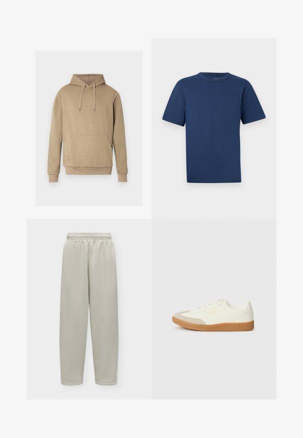 Sweat à capuche beige avec texture matelassée en losanges, poche kangourou frontale, capuche à cordon de serrage, et poignets et ourlet côtelés.; T-shirt en coton bleu marine à manches courtes et col ras du cou, avec un devant uni, présenté sur un fond gris clair.; Pantalon ample beige clair avec taille élastique et jambes droites, présenté sur un fond uni clair.; Baskets en cuir blanc avec une coque beige et une semelle en caoutchouc marron clair. Dotées de lacets blancs plats et d'un logo embossé sur le côté.
