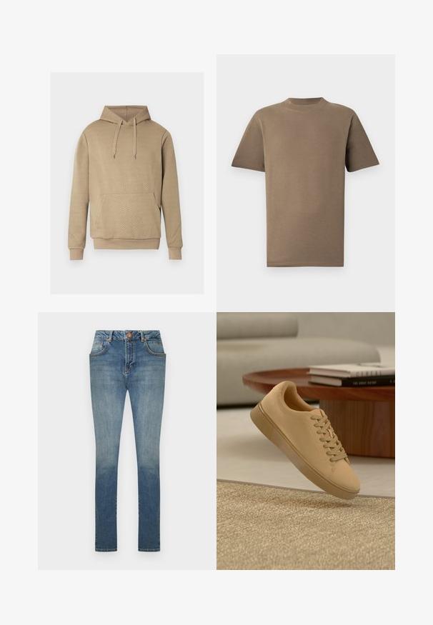Sweat à capuche beige avec texture matelassée en losanges, poche kangourou frontale, capuche à cordon de serrage, et poignets et ourlet côtelés.; T-shirt en coton marron à manches courtes, col rond et coupe droite. Texture lisse, coutures minimales et pas de logos visibles.; Jean skinny taille haute bleu avec bouton et fermeture éclair à l'avant, design cinq poches et effet délavé sur les cuisses et les genoux.; Baskets beiges à lacets flottant au-dessus d'un tapis texturé avec une table basse en bois et des livres empilés en arrière-plan flou.