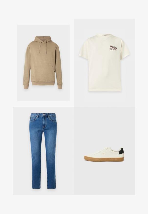Sweat à capuche beige avec texture matelassée en losanges, poche kangourou frontale, capuche à cordon de serrage, et poignets et ourlet côtelés.; T-shirt crème à manches courtes avec col rond et "Replay Motocicli" imprimé en petites lettres sombres sur la poitrine gauche.; Jean en denim bleu avec une coupe droite, style cinq poches et taille à bouton. Comprend des détails de couture le long des coutures.; Sneaker en toile blanche avec une semelle en gomme, accent au talon noir, bout rond et design à lacets. Présente le logo de la marque en doré sur le côté.
