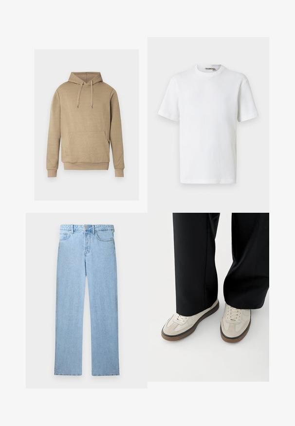 Beige hoodie met een ruitvormige doorgestikte textuur, een voorzak, een capuchon met trekkoord en geribbelde boorden en zoom.; Wit T-shirt met korte mouwen, wafelstructuur en ronde hals, met een klein merkembleem aan de binnenkant van de kraag, afgebeeld op een effen achtergrond.; Lichtblauwe, high-rise, rechtgesneden denim jeans met knoopsluiting aan de voorkant, ritssluiting en een ontwerp met vijf zakken op een witte achtergrond.; Voeten met beige sneakers met bruine zolen en zwarte wijde broekspijpen op een witte achtergrond.