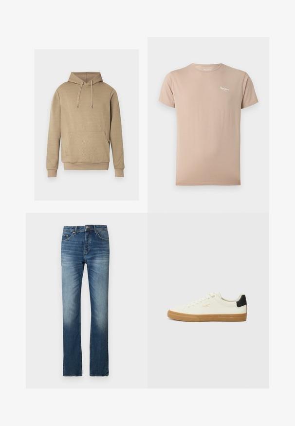 Sweat à capuche beige avec texture matelassée en losanges, poche kangourou frontale, capuche à cordon de serrage, et poignets et ourlet côtelés.; T-shirt beige manches courtes à col rond avec petit logo blanc « Pepe Jeans » sur la partie haute gauche de la poitrine.; Jean en denim bleu avec une coupe droite. Présente un léger délavage, un design à cinq poches et une fermeture à bouton à la taille.; Sneaker en toile blanche avec une semelle en gomme, accent au talon noir, bout rond et design à lacets. Présente le logo de la marque en doré sur le côté.