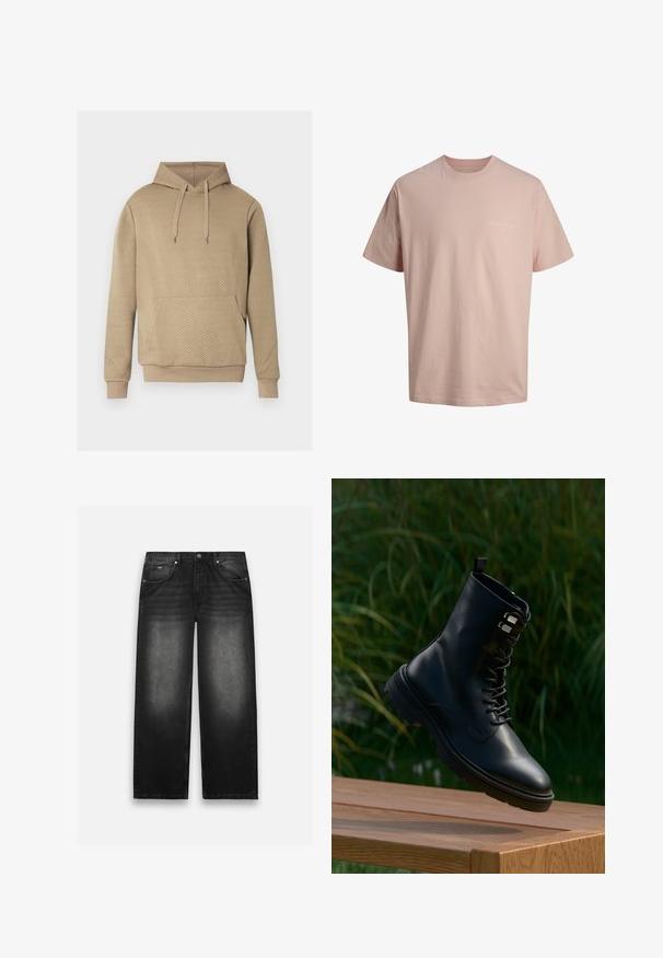 Beige hoodie met een ruitvormige doorgestikte textuur, een voorzak, een capuchon met trekkoord en geribbelde boorden en zoom.; Lichtroze katoenen T-shirt met korte mouwen, ronde hals en klein wit "ORIGINALS"-tekst op de linkerborst.; Zwarte denim jeans met een wijde pijp. Beschikt over vijf zakken, lichte vervaging en stevige stiksels. Met knoop- en ritssluiting.; Zwarte leren enkellaars met ronde neus, veterontwerp, metalen veteroogjes en gestructureerde zool, zwevend tegen een groene achtergrond.