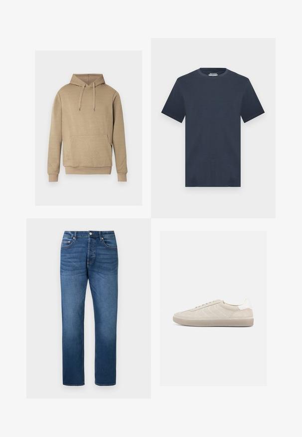 Sweat à capuche beige avec texture matelassée en losanges, poche kangourou frontale, capuche à cordon de serrage, et poignets et ourlet côtelés.; T-shirt bleu marine à manches courtes et col rond, coupe décontractée, présenté sur un fond gris clair.; Jean bleu droit avec bouton et fermeture éclair à l'avant, style cinq poches, et légère décoloration sur les cuisses et les genoux, présenté à plat sur fond blanc.; Baskets en daim beige avec une tige texturée, un contrefort de talon blanc lisse, de fines lacets et une semelle extérieure en caoutchouc. Présente un design bas profil.