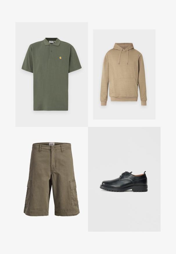 Sweat à capuche beige avec texture matelassée en losanges, poche kangourou frontale, capuche à cordon de serrage, et poignets et ourlet côtelés.; Polo vert olive en coton, avec un col à revers, deux boutons et un petit logo jaune sur le côté gauche de la poitrine. Manches courtes.; Short cargo marron avec poches latérales, passants de ceinture, fermeture à bouton et étiquette de marque visible à l'intérieur de la ceinture.; Chaussures derby en cuir noir avec une texture lisse, bout rond, design à lacets et une semelle en caoutchouc épaisse et robuste.
