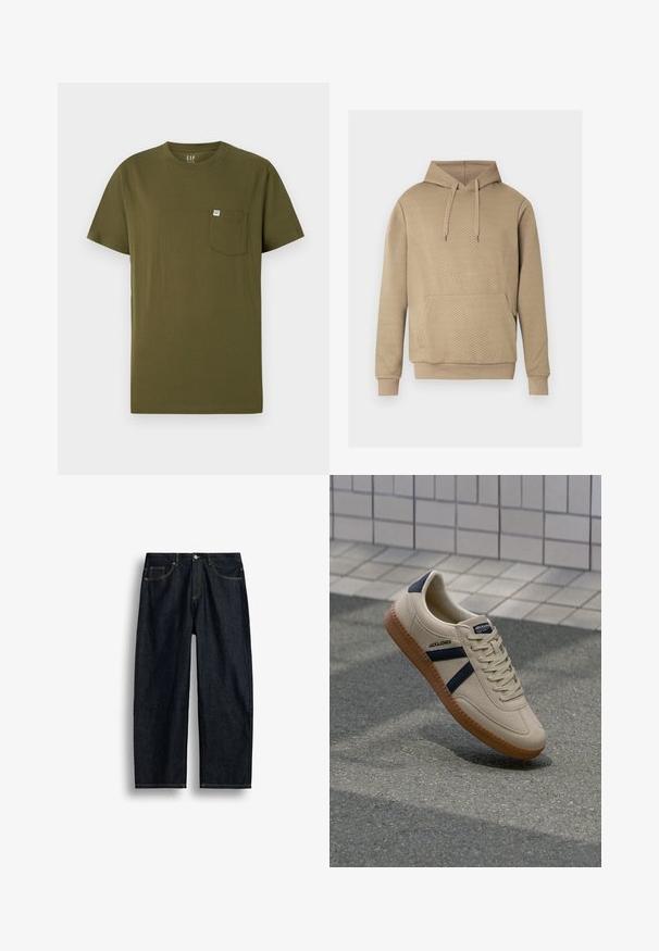 Beige hoodie met een ruitvormige doorgestikte textuur, een voorzak, een capuchon met trekkoord en geribbelde boorden en zoom.; Olijf groene katoenen T-shirt met een ronde hals, korte mouwen en een linkse borstzak met een klein merkembleem. Glad oppervlak.; Donkerblauwe straight-leg spijkerbroek met gele stiksels, voorzakken en een knoopsluiting in de taille.; Beige sneaker met een textuurafwerking, marineblauwe strepen en een rubberen zool. Heeft een gevoerde tong en een traditioneel vetersysteem voor een veilige pasvorm.