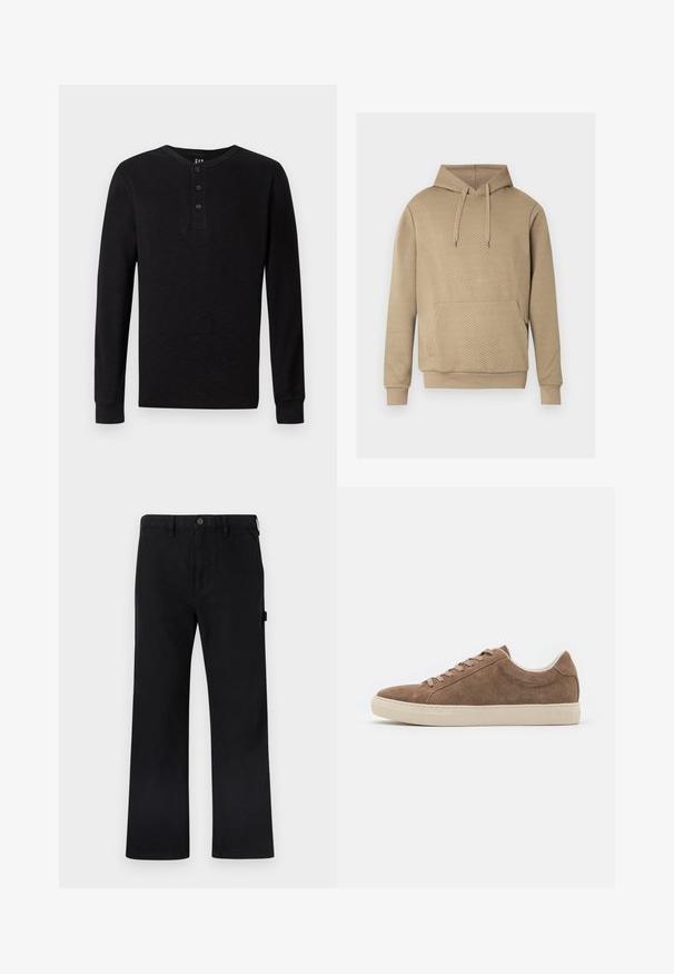 Beige hættetrøje med diamant quiltet struktur, frontlomme, snøre i hætten samt ribstrikkede manchetter og kant.; Sort langærmet henley skjorte med tre-knaps placket ved halsen, blød tekstur og ribbede manchetter, der har en klassisk pasform og minimalistisk design.; Sort bomuldsbukser med lige ben, knaplukning, bæltestropper og sidelommer. Glat tekstur uden synlige mønstre eller mærker.; Brune ruskind casual sneakers med lav profil, flad beige gummisål og seks snørehuller. Rund toe og minimalistisk design.