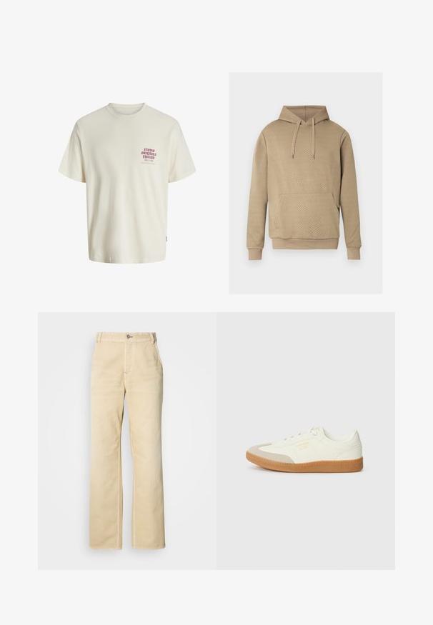 Beige hættetrøje med diamant quiltet struktur, frontlomme, snøre i hætten samt ribstrikkede manchetter og kant.; Hvid kortermet T-shirt med rød tekst "Studio Originals Edition" på venstre bryst, vist på en neutral grå baggrund.; Khaki bukser med vide ben lavet af blød bomuld, med enkelt knaplukning, frontlommer og synlige stikninger langs sømmene.; Sneaker lavet af hvid læder med en beige tåhætte og let brunt gummisål. Har flade hvide snørebånd og prægede branding på siden.