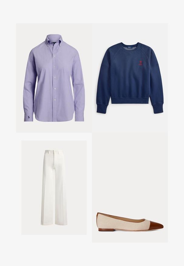 Marineblauer Sweatshirt mit Rundhalsausschnitt, gerippten Bündchen und Saum, mit kleinem roten Sticklogo auf der Brust. Weicher, strukturierter Stoff.; Hellviolettes Herren-Langarmhemd mit Knopfleiste, geknöpftem Kragen und gesticktem Logo auf der linken Manschette.; Weiße, weit geschnittene Hose mit hohem Bund, Gürtelschlaufen und vorderer Knopfleiste, vor einfarbigem Hintergrund dargestellt.; Flacher Damenschuh mit beigem Stoffkörper und brauner Leder-Spitze und Verzierungen, niedrigem Holzabsatz und Schlupf-Stil.
