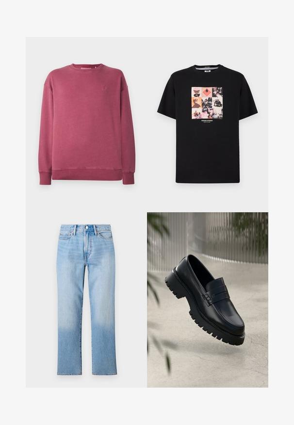 Langærmet crewneck sweatshirts i vaskede rose farve med ribstrikkede manchetter og forkant, samt et subtilt broderet logo på venstre bryst.; Sort T-shirt med korte ærmer med et farverigt collagegrafik i ni felter, der indeholder ansigter, figurer, et flammesymbol og teksten "WEEKEND OFFENDER ADMIT NOTHING."; Lys blå denim jeans med lige ben-design, der har en falmet vask, standard fem-lomme styling og en klassisk knaplukning.; Sorte læder loafers med en chunky sål, der har en dekorativ rem og syninger. Glat tekstur med en poleret overflade.