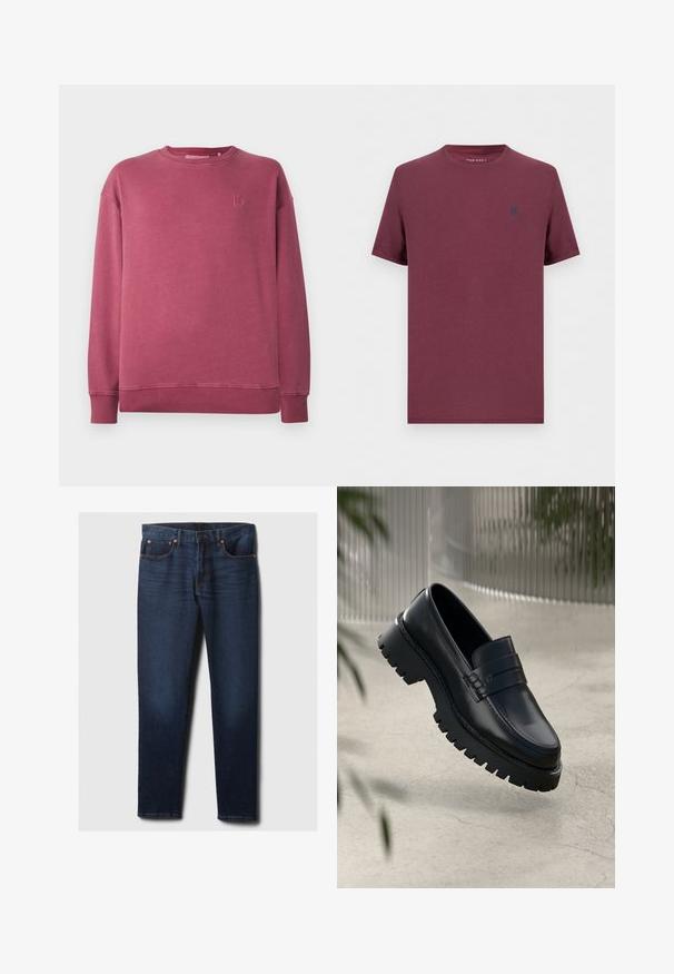 Sweatshirt à manches longues en couleur rose délavé avec des poignets et un ourlet côtelés, et un logo brodé subtil sur la poitrine gauche.; T-shirt uni manches courtes col rond en bordeaux avec un petit emblème foncé sur la poitrine gauche de Pier One.; Jean en denim slim-fit bleu foncé avec un léger délavage sur les cuisses avant, des rivets cuivrés et un style classique à cinq poches, posé à plat sur un fond blanc.; Mocassins en cuir noir avec une semelle à crampons épaisse, dotés d'une sangle décorative et de détails de couture. Texture lisse avec une finition polie.