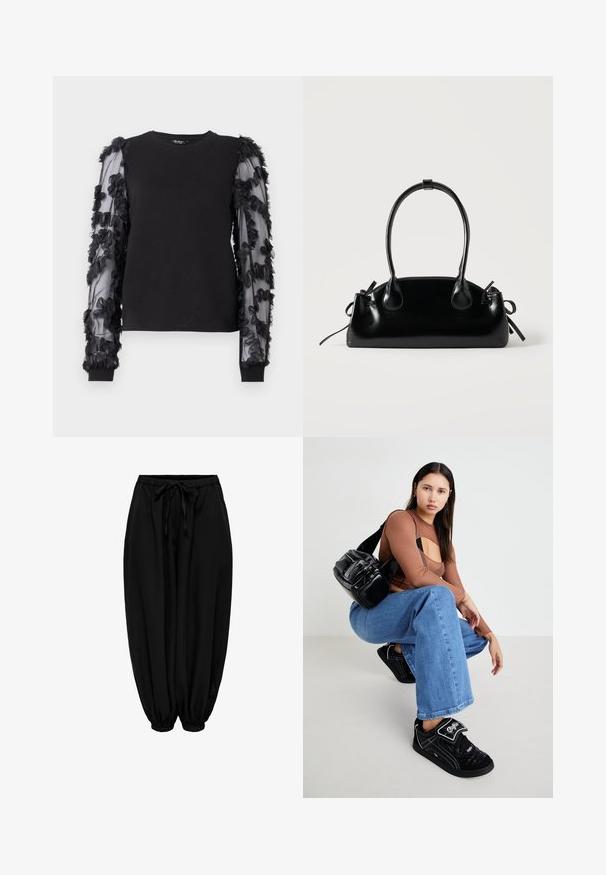 Sweatshirt noir avec de longues manches transparentes ornées d'appliqués floraux noirs. Présente un col ras du cou classique et des poignets côtelés.; Pantalon ample noir avec taille et chevilles élastiques, lien de serrage à la taille et poignets froncés.; Sac bandoulière noir avec plusieurs poches zippées, haut à manches longues marron avec un design découpé, et jeans larges bleus avec des bords effilochés.; Petit sac à main noir brillant avec deux longues anses et des détails à cordon sur les côtés sur un fond clair uni.