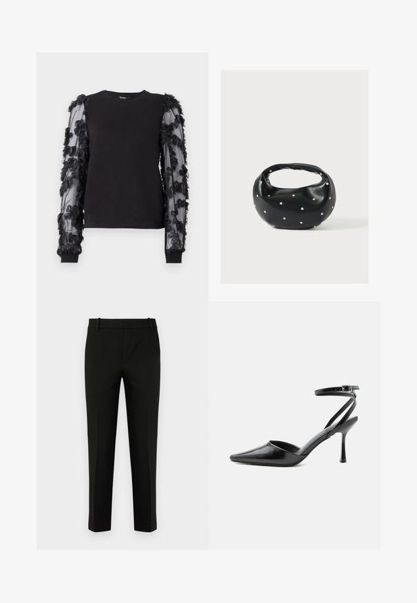 Schwarzer Pullover mit langen, durchsichtigen Ärmeln, verziert mit schwarzen Blumenapplikationen. Verfügt über einen klassischen Rundhalsausschnitt und gerippte Bündchen.; Schwarze Hose in Slim-Fit, mit flacher Vorderseite, seitlichen Taschen und glatter Textur. Entworfen mit einer mittelhohen Taille und zulaufenden Beinen.; Schwarzer spitzer High Heel mit dünnen Knöchelriemen und silberner Schnalle auf einfachem hellem Hintergrund.; Schwarze Lederhandtasche mit abgerundeter Form, verziert mit silbernen Nietenakzenten und kurzem Griff. Glatte Struktur und Reißverschlussverschluss.