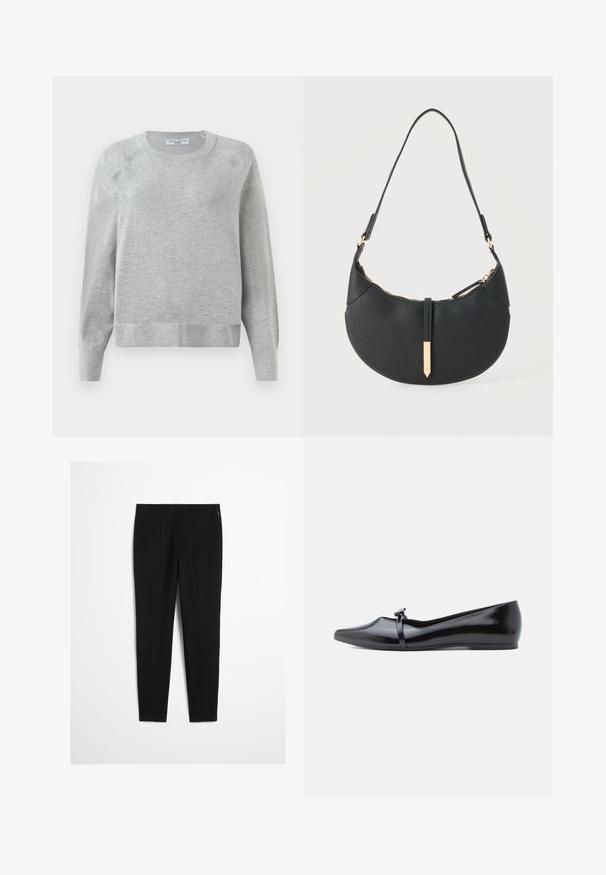 Lys grå crewneck sweater med lange ærmer, ribbede manchetter og kant, lavet af blødt materiale, med en subtil tekstur hele vejen igennem.; Sort højtaljede leggings med synlige lodrette sømme foran, der har en smal og strækbar pasform, som går ned til anklerne.; Sort laklæderballerina med spids tå, dekorativ rem og glat tekstur. Minimalistisk design uden synlige detaljer.; Sort håndtaske formet som en halvmåne med en enkelt rem, guld lynlås og en guldfarvet rektangulær dekorativ fane foran.