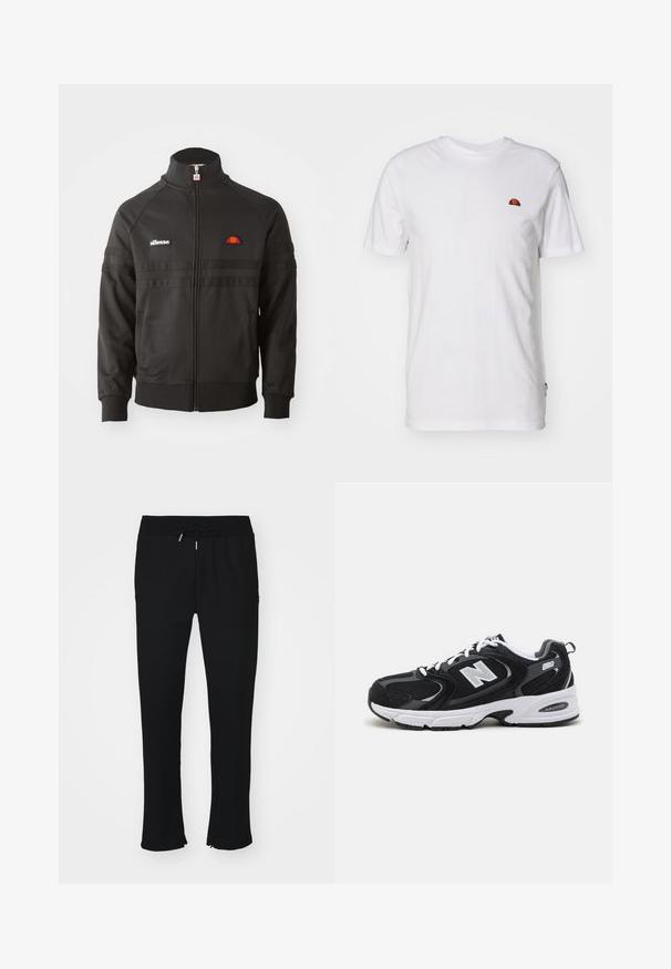 Zwarte sportjack met ritssluiting en hoge kraag, geribde manchetten en kleine ellesse logo patches op de borst en ritstrekkertje.; Eenvoudig wit T-shirt met korte mouwen met een klein rood-oranje halve cirkel logo op het bovenste linkerborstgedeelte.; Zwarte joggerbroek van zacht materiaal, voorzien van een elastische tailleband met trekkoord, een split aan de onderkant en een subtiele patroonstructuur.; Zwarte en grijze sport schoenen met een bovenwerk van mesh en suede, voorzien van een witte tussenzool, veters en een gedurfde "N"-logo aan de zijkant.