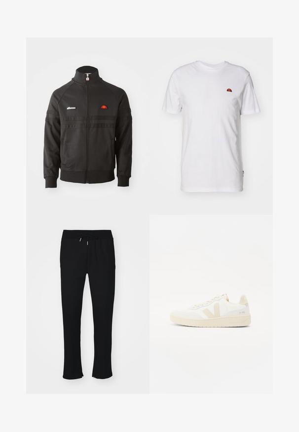 Zwarte sportjack met ritssluiting en hoge kraag, geribde manchetten en kleine ellesse logo patches op de borst en ritstrekkertje.; Eenvoudig wit T-shirt met korte mouwen met een klein rood-oranje halve cirkel logo op het bovenste linkerborstgedeelte.; Zwarte joggerbroek van zacht materiaal, voorzien van een elastische tailleband met trekkoord, een split aan de onderkant en een subtiele patroonstructuur.; Witte sneaker met beige accenten, voorzien van een gestructureerde bovenkant, ronde neus en een dikke rubberen zool. Het ontwerp bevat het iconische V-logo en merkbranding.