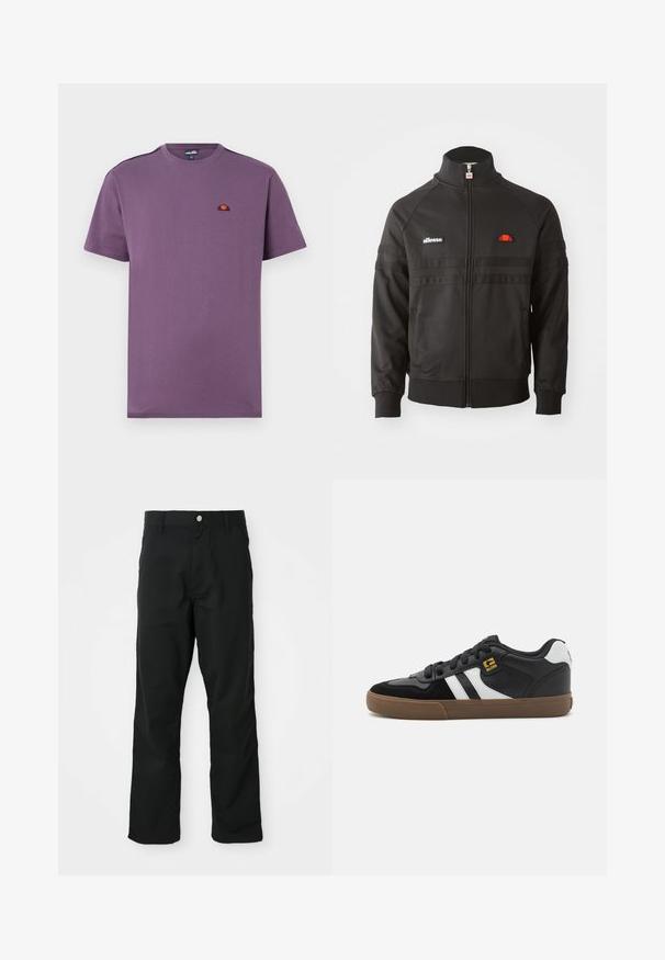 Chaqueta deportiva negra con cremallera y collar alto, puños acanalados y pequeños parches del logo de ellesse en el pecho y el tirador de la cremallera.; Camiseta de algodón morada con cuello redondo y mangas cortas. Presenta un pequeño logo bordado en el pecho y una textura lisa.; Pantalones rectos negros con cierre de botón y cremallera, lazos para cinturón y bolsillos laterales, exhibidos sobre un fondo blanco.; Zapatillas en blanco y negro con parte superior de ante y cuero, que presentan franjas blancas, cordones negros y una suela de goma marrón. Acentos de logo dorados.