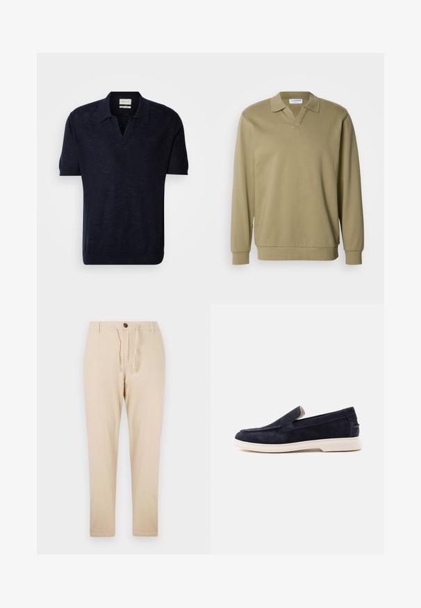 Khaki lange mouw polo met V-hals, gemaakt van zacht materiaal. Heeft een klassieke kraag en geribbelde manchetten, met een ontspannen pasvorm.; Donkerblauwe gebreide polo met korte mouwen, V-hals en subtiele textuur. Voorzien van het GANT-logo, geborduurd in een bijpassende kleur op de borst.; Beige linnen pantalon met een strikband in de taille, knoopsluiting, toelopende pijpen en een zachte textuur, geschikt voor warm weer.; Nachtblauwe suède herensloffen met witte rubberen zool, instapmodel en subtiele stiksel details op een witte achtergrond.