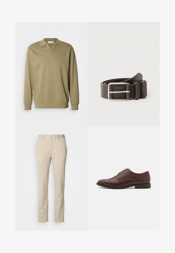 Polo kaki à manches longues avec col en V, confectionné en matière douce. Doté d'un col classique et de poignets côtelés, avec une coupe décontractée.; Pantalons en coton beige avec une coupe droite, fermeture à bouton et devant plat. Le matériau a une texture lisse et un minimum de détails.; Chaussure habillée en cuir marron à lacets avec un bout arrondi élégant, des détails de couture subtils et un petit talon en caoutchouc noir.; Ceinture en cuir marron avec une boucle en métal argenté, présentant une texture lisse et un design simple. Comprend une boucle pour l'ajustement et la fixation.