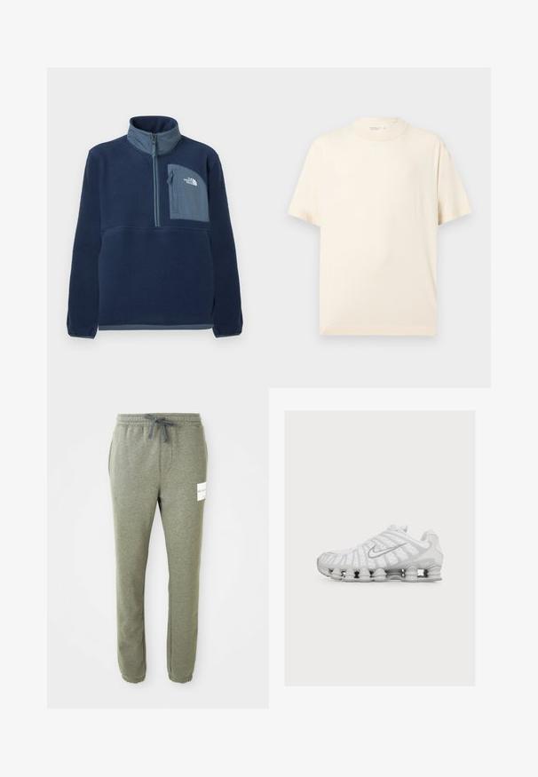 Marineblå fleecejakke med halv lynlås, stående krave og lynlåslomme på brystet med The North Face-logo i en lys blå panel.; Enkelt beige t-shirt med korte ærmer og rund hals, vist fladt på en lys grå baggrund.; Heather grå tapered sweatpants med elastik i taljen, snørebånd, sidelommer, ankelflæng og et lille hvidt mærke på højre lår.; Hvid atletiksko med en unik fjedrende sål og et sølvfarvet Nike Swoosh-logo på siden, vist fra den ydre side.