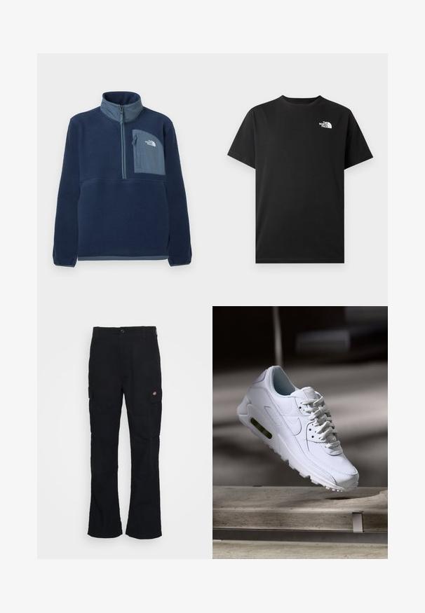 Tmavomodrá fleecová bunda s polovičným zipsom, stojačikovým golierom a vreckom na zips na hrudi s logom The North Face na svetlomodrom paneli.; Čierne bavlnené tričko s krátkym rukávom, okrúhlym výstrihom a malým bielym logom na ľavej strane na hrudníku. Hladká textúra, štandardný strih.; Čierne cargo nohavice so vzorom rovného strihu, vyrobené z odolnej tkaniny, s bočnými vreckami a nášivkou logo na ľavej strane.; Biele kožené tenisky s textúrovanými povrchmi, polstrovaným golierom a viditeľným vzduchovým odpružením v podrážke. Majú šnúrky a minimalistický dizajn.