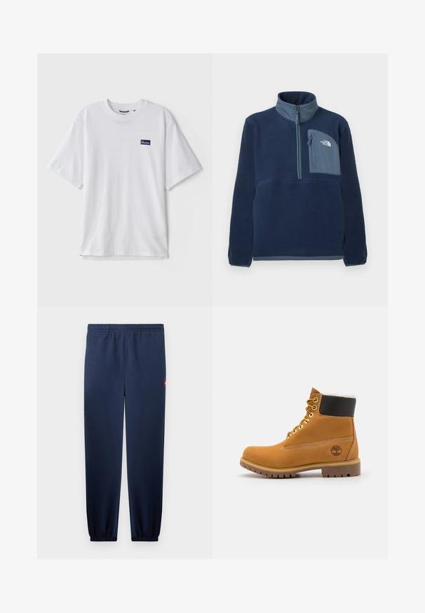 Laivaston sininen fleece-takki, jossa on puolivetoketju, pystypäällystakki ja vetoketjullinen rintatasku, jossa on The North Face -logo vaaleansinisellä paneelilla.; Valkoinen puuvillainen t-paita, jossa on pyöreä pääntie, lyhyet hihat ja tummansinisellä suorakulmaisella logopatchilla vasemmassa rinnassa.; Tummansiniset täysmittaiset verkkarit, joissa on joustava vyötärönauha ja lahkeiden resorit. Oikealla lantiolla pieni punainen logotunniste.; Ruske nahkasaapad ankle-moodi, metallist silmadega, valge karvase voodriga, musta pehmendusega kaeluse ja läbilöökide tald. Kotiriide logo on küljes.
