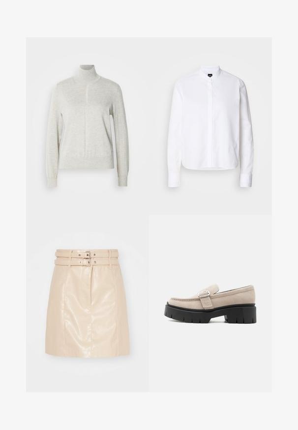 Lys grå sweater med høj krave og kvart lynlås. Lavet af et blødt, struktureret materiale, der har lange ærmer og en tætsiddende kant.; Hvid skjorte med krave, front placket, lange ærmer og knapmanchetter. Lavet af glat bomuldsstof med en struktureret pasform.; Beige faux læder nederdel med en tætsiddende design, der har to spænde bælter i taljen og en glat, blank tekstur.; Beige ruskindslipper med sølvspænde og tyk sort kraftig sål, set fra siden på hvid baggrund.