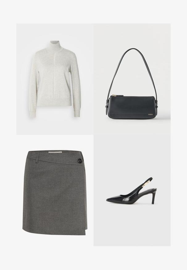 Lys grå sweater med høj krave og kvart lynlås. Lavet af et blødt, struktureret materiale, der har lange ærmer og en tætsiddende kant.; Grå nederdel lavet af et tekstureret stof, med en knap i siden og en lige silhuet med et let indviklet design.; Sort læder slingback højhælede sko med spidse tæer, glat overflade og en smal ankelrem med guldfarvede hardware detaljer.; Sort rektangulær skuldertaske i læder med guld lynlås og lille guld "HUGO"-logo på fronten, med justerbar strop med spænde.