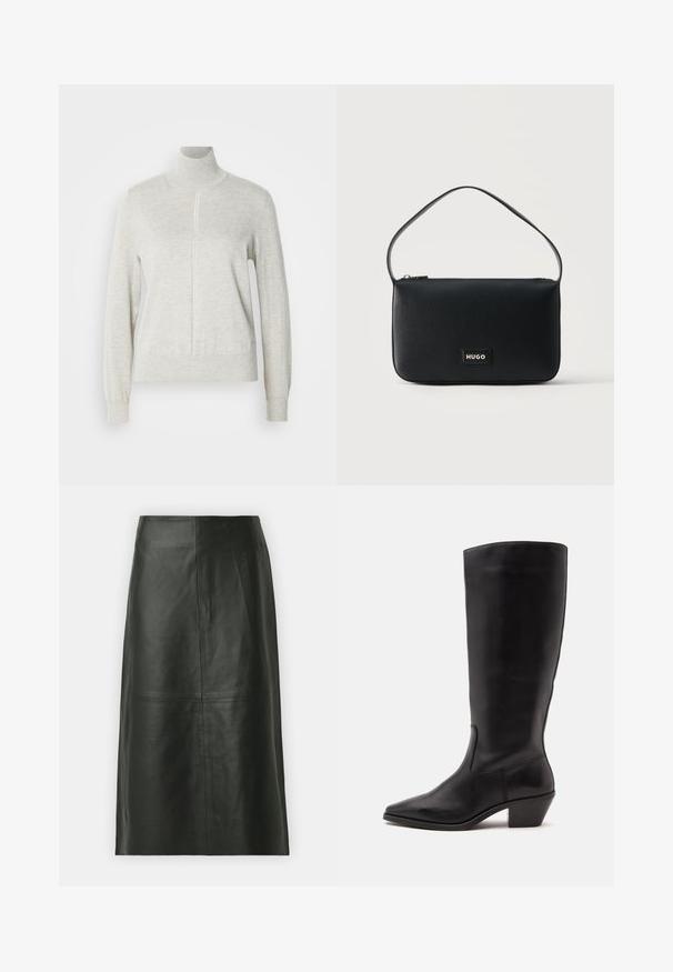 Lys grå sweater med høj krave og kvart lynlås. Lavet af et blødt, struktureret materiale, der har lange ærmer og en tætsiddende kant.; Sort læder midi-nederdel med lige snit. Glat tekstur, minimale sømme og en tætsiddende talje. Ingen synlige lommer eller yderligere detaljer.; Sort læderstøvle til midtkalv med spids tå og lavt skråt hæl på en enkel lys baggrund.; Sort rektangulær skuldertaske i læder med en lille guld "HUGO" logo-patch og en enkelt tynd rem.
