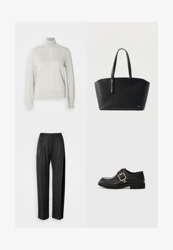 Suéter gris claro con un cuello alto y cremallera de un cuarto. Fabricado con un material suave y texturizado, cuenta con mangas largas y un dobladillo ajustado.; Pantalones negros de pernera ancha hechos de tela suave, con pliegues frontales, cremallera y diseño clásico de cinturilla.; Zapato de cuero negro con punta redonda, que cuenta con una hebilla dorada y una suela de goma plana. Textura suave con detalles de costura sutil.; Bolso tote de cuero negro con dos asas y pequeño logo dorado "HUGO" en la esquina inferior derecha, sobre un fondo blanco.