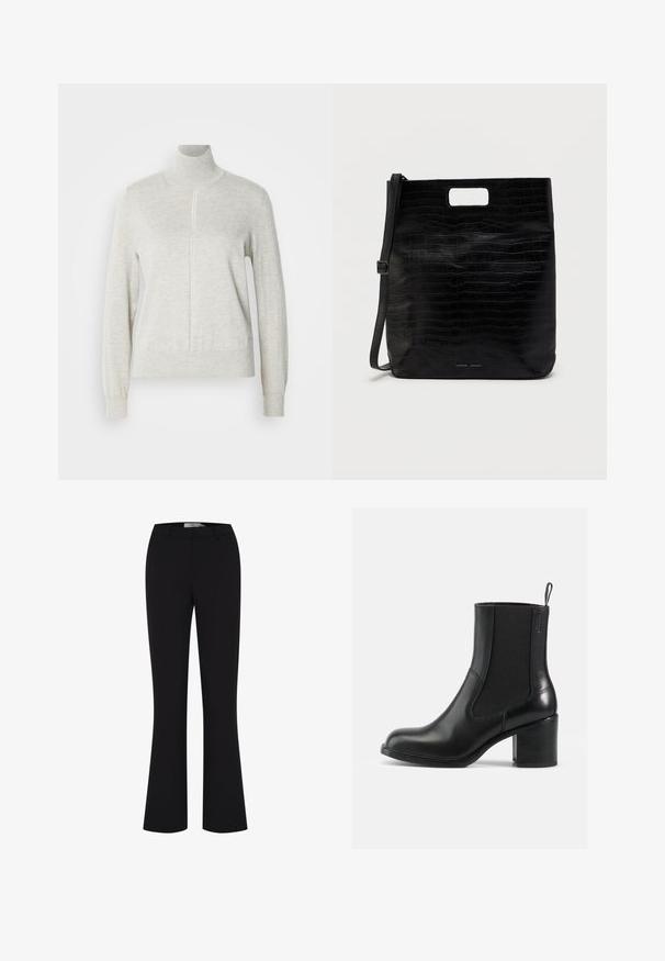 Lys grå sweater med høj krave og kvart lynlås. Lavet af et blødt, struktureret materiale, der har lange ærmer og en tætsiddende kant.; Sorte flared bukser lavet af et glat stof, med en tætsiddende talje og et enkelt frontdesign uden lommer.; Sort læder ankelstøvle med elastiske sidepaneler, rund tå og blokhæl. Glat tekstur med minimale syninger.; Sort faux læder tote taske med krokodilletekstur, rektangulær form, håndtagsskæring i toppen og en aftagelig skulderstrop. Brandlogoet er vist.