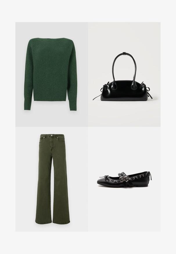 Pull en tricot vert foncé avec une finition texturée, un col large et des manches longues. Le corps du pull a une coupe droite et des bords côtelés.; Jean évasé vert olive en coton, avec taille haute, design à cinq poches, bouton en métal et détails de couture le long des coutures.; Chaussure de ballet plate noire avec doubles brides à boucle, œillets argentés et petit nœud près de l’orteil arrondi sur fond blanc.; Petit sac à main noir brillant avec deux longues anses et des détails à cordon sur les côtés sur un fond clair uni.